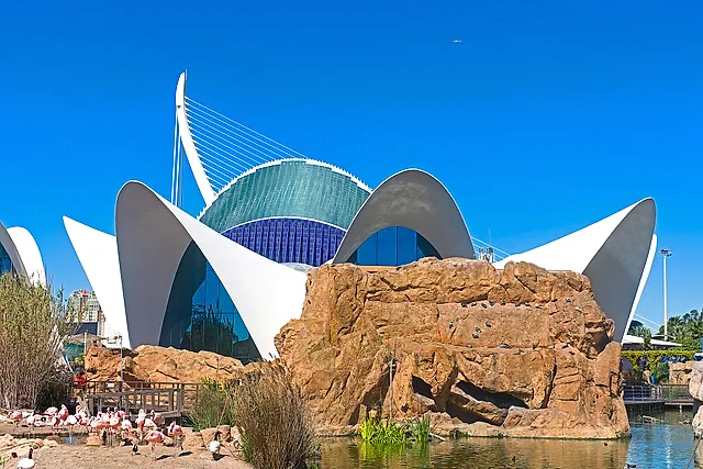 The shell-like roofs of L'Oceanogràfic's Restaurante Submarino at sunset, mirrored in the lake
