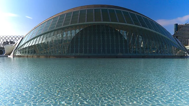 L'Hemisfèric, the eye-shaped building of the City of Arts and Sciences, seen across its pool
